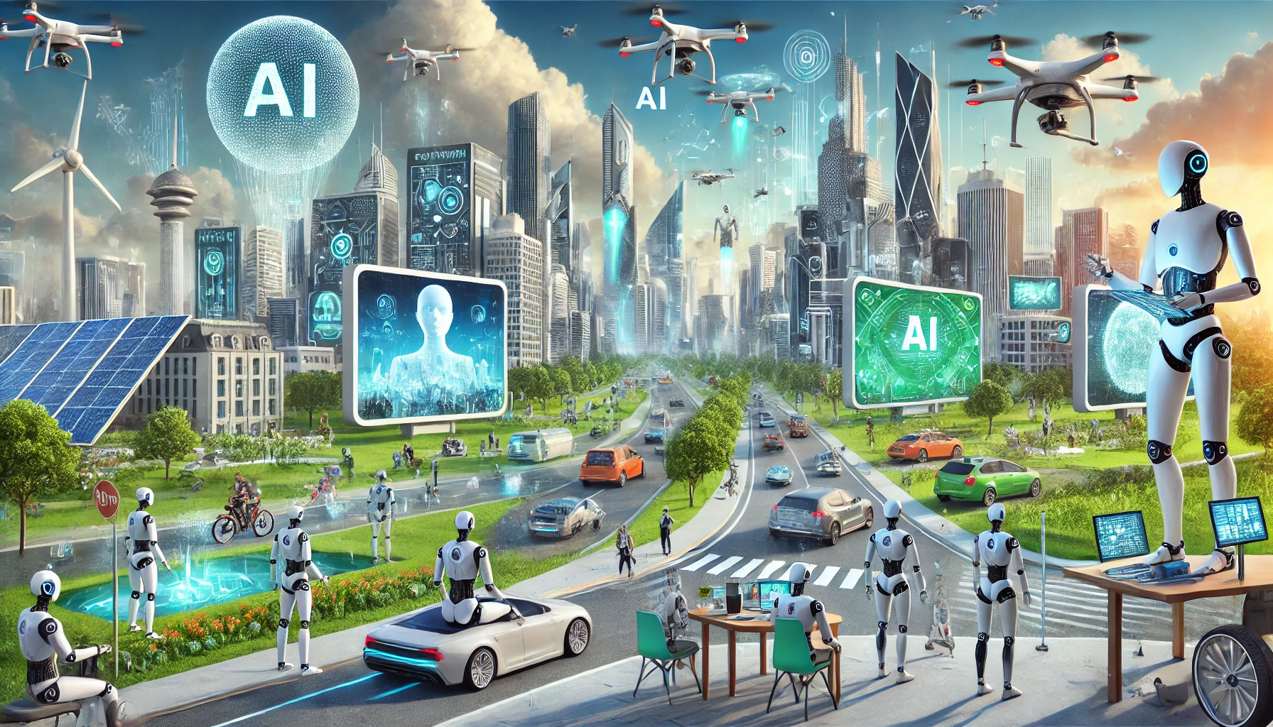 a group of AI robots on a road with cars and buildings