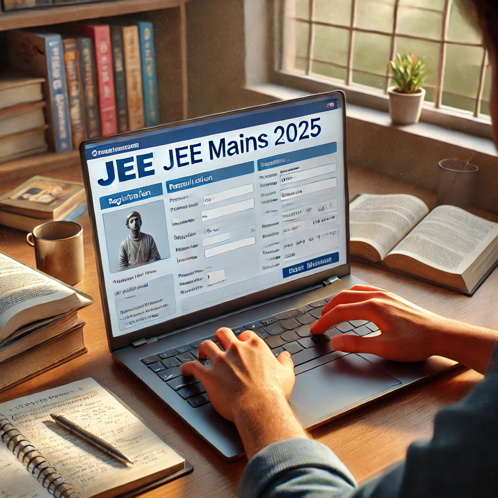 Student sitting at a study desk, focused on a laptop screen displaying a JEE Mains 2025 registration form. The desk is organized with open books, a notepad, and a coffee mug, set in a well-lit study room with natural light streaming through a window, symbolizing determination and preparation.