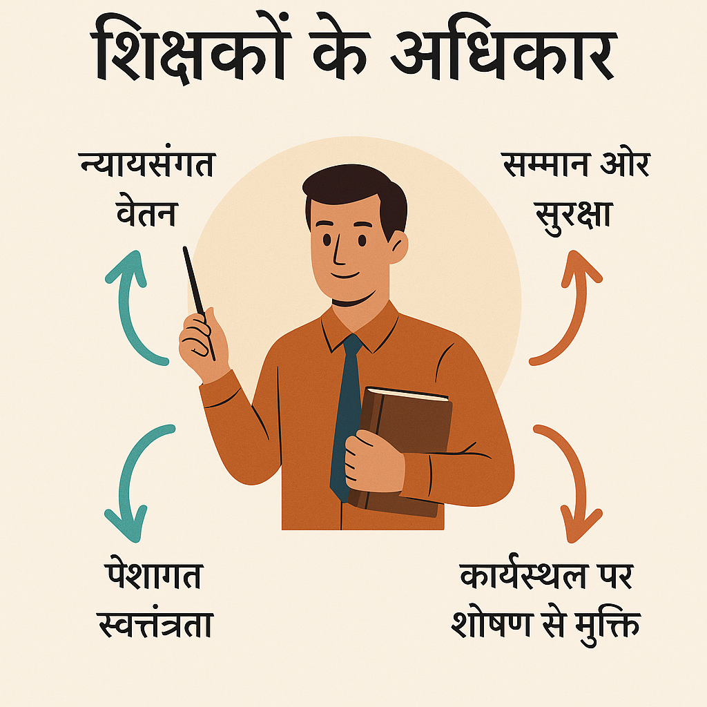 एक 2D हिंदी इन्फोग्राफिक जिसमें एक शिक्षक के चारों ओर शिक्षकों के अधिकार जैसे न्यायसंगत वेतन, सम्मान और सुरक्षा, पेशागत स्वतंत्रता, और कार्यस्थल पर शोषण से मुक्ति दर्शाए गए हैं।