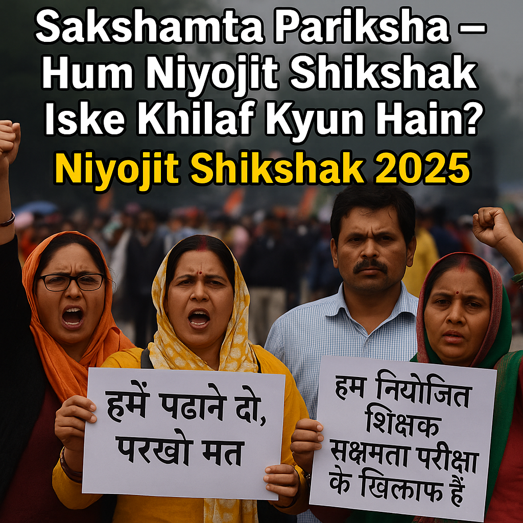 A protest by Niyojit Shikshaks in Bihar against the Sakshamta Pariksha in 2025, showing determined teachers holding signs in Hindi.