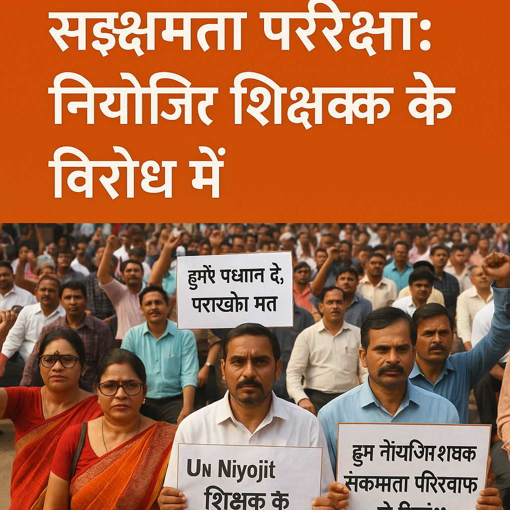 A daytime protest scene showing Niyojit Shikshaks gathered with banners and posters opposing the Sakshamta Pariksha.